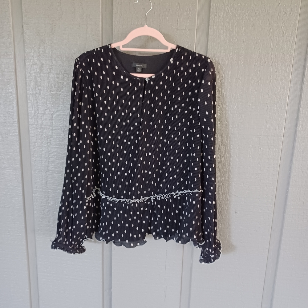 J Crew Women Ruffle Trim Pleated Top Size XL Preppy Long Sleeve In Polka Dot